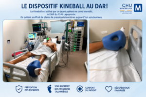 Patient en réanimation avec dispositif Kineball au talon