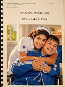 Infirmière souriante enlacant patient en fauteuil roulant