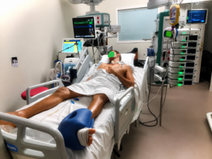 Patient hospitalisé en soins intensifs avec équipements médicaux