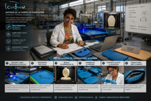 Ingénieure en atelier supervisant production industrielle innovante