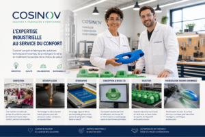 Ingénieurs présentant une pièce technique en laboratoire industriel